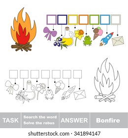 Vector game. Find hidden word bonfire. Search the word.