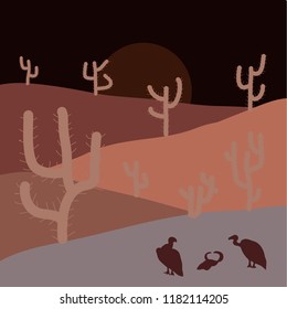 Vector game graphic. Background of landscape with desert and cactus on brown, beige and black colors. Sunset on a background of a mountain landscape.