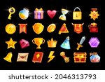Vector game icon set, mobile casino app object kit, RPG inventory badge, golden trophy cup, medal. UI design element, winner crown, red flag, treasure chest, magic potion, coin. Online game icon pack