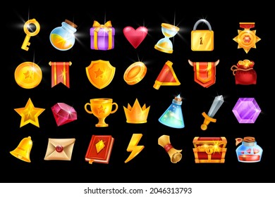 Vector game icon set, mobile casino app object kit, RPG inventory badge, golden trophy cup, medal. UI design element, winner crown, red flag, treasure chest, magic potion, coin. Online game icon pack - Shutterstock ID 2046313793