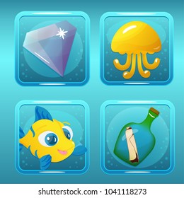 Vector game icons with jellyfish, gem, fish and bottle for underwater nautical match three game or app design