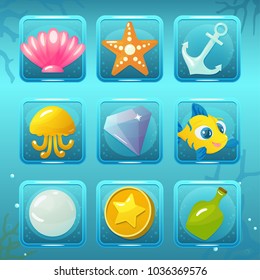 Vector game icons with seachell, starfish, anchor, jellyfish, gem, fish, pearl, coin and bottle for underwater match three game