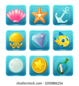 Vector game icons with seashell, starfish, anchor, jellyfish, gem, fish, pearl, coin and bottle for underwater match three game on white background. Isolated elements.