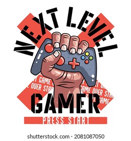 Vector game joystick illustration with typography for t-shirt prints