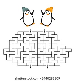 Vector game - a labyrinth for two with cute cartoon penguins for teaching children. Who can find the way out of the maze faster for the penguin