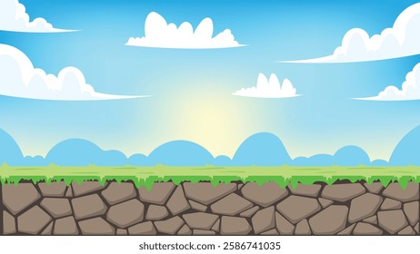 vector game landscape background, clouds, sky, land, rocks