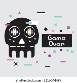 A vector of game over concept. Skeleton with controller button and glitch effect.