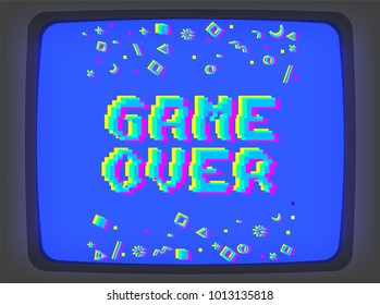 Vector game over phrase in pixel art 8 bit style with glitch VHS effect. Three color half-shifted letters. Ocassional pixels and memphis style pattern elements around placed on old blue TV screen