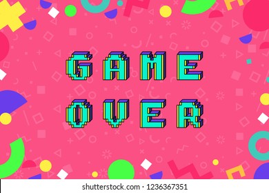 Vector game over phrase in pixel art 8 bit style. 3D letters effect . Trendy geometric pattern around