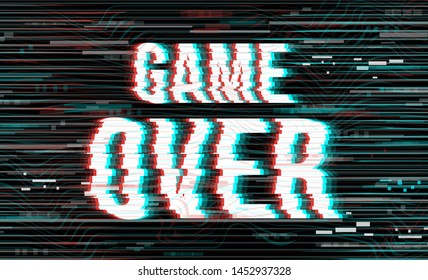 Vector Game Over phrase in pixel art style with screen glitch VHS effect. Creative illustration for web page, banner, presentation, social media, documents, cards, posters. 