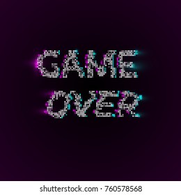 Vector game over phrase in pixel art style with glitch VHS effect.  Vector background