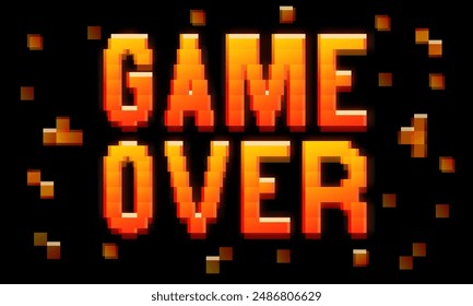 Vector game over pixelated sign, yellow orange gradient, glitch effect, 8 bit retro game style banner