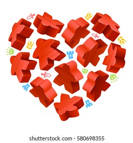 Vector game pieces in the shape of heart. Red wooden meeples, and resources counter icons isolated on white background. Concept of love by board games