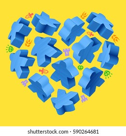 Vector game pieces in the shape of heart. Blue wooden meeples, and resources counter icons isolated on yellow background. Concept of love by board games