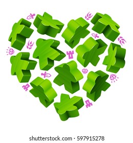 Vector game pieces in the shape of heart. Green wooden meeples and resources counter icons isolated on yellow background. Concept of love by board games