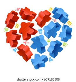 Vector game pieces in the shape of heart. Red and blue wooden meeples, and resources counter icons isolated on white background. Concept of love by board games