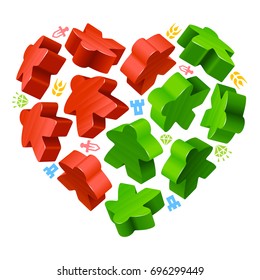 Vector game pieces in the shape of heart. Red and green wooden meeples, and resources counter icons isolated on white background. Concept of love by board games 