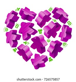 Vector game pieces in the shape of heart. Purple wooden meeples, and resources counter icons isolated on white background. Concept of love by board games 