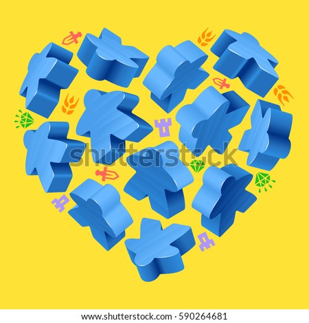 Vector game pieces in the shape of heart. Blue wooden meeples, and resources counter icons isolated on yellow background. Concept of love by board games