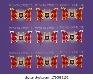 Vector game rank illustration. Heraldic shield with flags and banners. Big star in center of shield. Game interface design element