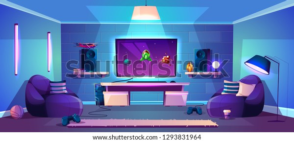 Vector\
game room illustration, modern esports concept. Night stream,\
digital entertainment in neon light in club, lounge. Joysticks for\
computer, gamepads for console and cozy\
furniture.