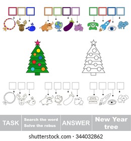 Vector game. Search the word. Find hidden word New year tree