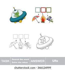 Vector game. Search the word. Find hidden word Ufo