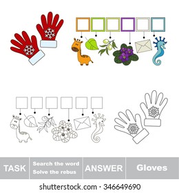 Vector game. Search the word. Find hidden word Gloves