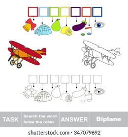 Vector game. Search the word. Find hidden word Biplane
