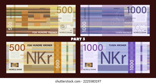 Juego de vectores de billetes. Las inscripciones en noruego significan 500 y 1000 coronas, banco de Noruega. Anaranjados y violetas y revertir los billetes. Parte 3