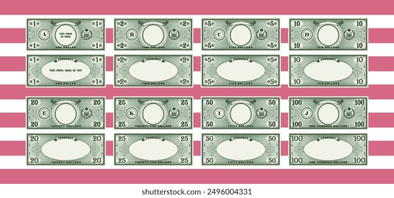 Vector game set of classic banknotes of 1, 2, 5, 10, 20, 25, 50 and 100 dollars. Obverse and reverse of green banknotes with empty spaces. Collection of forms or samples. Business and finance. Part 1