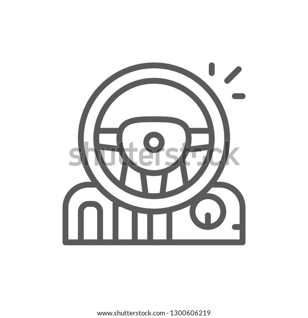 Vector game steering wheel with pedals and\
gearbox line icon. Symbol and sign illustration design. Isolated on\
white background