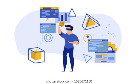 Vector game tech VR virtual reality technology illustration digital. Glass device headset innovation future electronic concept background. Visual cyberspace gadget network. Character simulation goggle