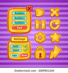 Vector game template gui kit. Interface log in page elements for build web and mobile games and apps. Vector cartoon gui template