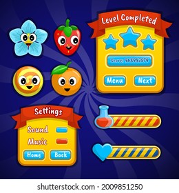 Vector game template gui kit. Interface log in page elements for build web and mobile games and apps. Vector cartoon gui template