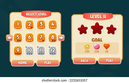 Vector game UI elements. Set of select level and level start popup with editable text effect for game ui. Game asset ui design in cartoon style. All files are grouped and well organised.