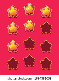 Vector game ui Golden rating stars set on Red background. assets for games design, Cartoon game rating icons. Ranking elements. GUI elements for animation