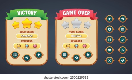 Vector game UI kit. Set of victory and gameover menu scene pop up, icons, and round buttons.