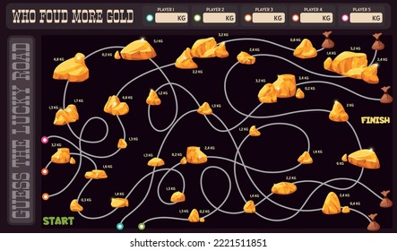 Vektorspiel, das mehr Gold gefunden hat, raten Sie das Glücksstraßenkonzept, Rätsel- und Questspiel, Illustration verschiedener goldener Steine auf schwarzem Hintergrund, Team-Suche-App für Kinder