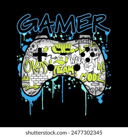 La ilustración del gamepad de Vector incluye graffiti y texto de eslogan. Perfecto para camisetas, carteles, impresión de etiquetas y otros usos.