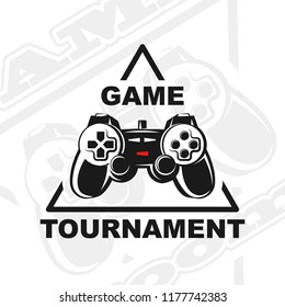 Vector gamepad logo. Game design, old, retro, vintage arcades, in monochrome style. Sign, banner, emblem of the tournament. Logo of video games. Computer Club.