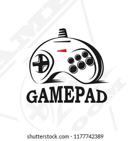 Vector gamepad logo. Game design, old, retro, vintage arcades, in monochrome style. Sign, banner, emblem of the tournament. Logo of video games. Computer Club.