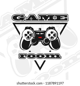 Vector gamepad logo. Game design, old, retro, vintage arcades, in monochrome style. Sign, banner, emblem of the tournament. Logo of video games. Computer Club.