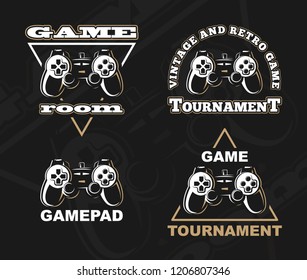 Vector gamepad logo. Game design, old, retro, vintage arcades, in monochrome style. Sign, banner, emblem of the tournament. Logo of video games. Computer Club.
