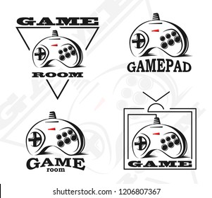 Vector gamepad logo. Game design, old, retro, vintage arcades, in monochrome style. Sign, banner, emblem of the tournament. Logo of video games. Computer Club.
