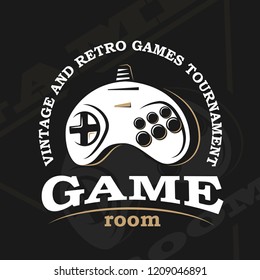 Vector gamepad logo. Game design, old, retro, vintage arcades, in monochrome style. Sign, banner, emblem of the tournament. Logo of video games. Computer Club.