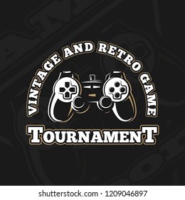 Vector gamepad logo. Game design, old, retro, vintage arcades, in monochrome style. Sign, banner, emblem of the tournament. Logo of video games. Computer Club.