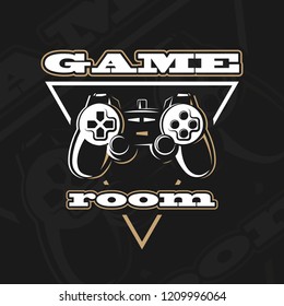 Vector gamepad logo. Game design, old, retro, vintage arcades, in monochrome style. Sign, banner, emblem of the tournament. Logo of video games. Computer Club.