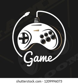 Vector gamepad logo. Game design, old, retro, vintage arcades, in monochrome style. Sign, banner, emblem of the tournament. Logo of video games. Computer Club.