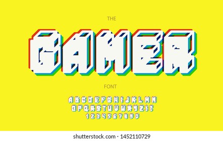 Vector gamer alphabet bold style. Trendy font for party poster, kids book, t shirt, flyer, decoration, card, sale banner, printing on fabric, industrial. Cool typeface. 10 eps